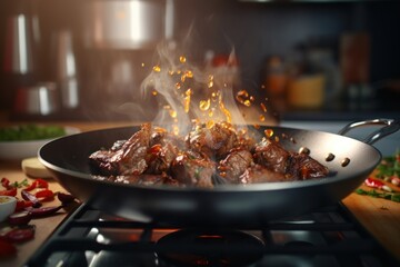 Frying pan with pieces of meat on the kitchen. - obrazy, fototapety, plakaty