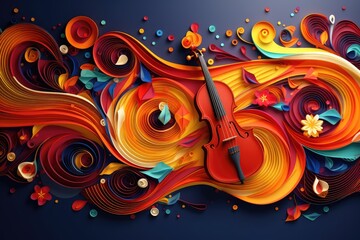 Musical background with violin and colorful swirls. Abstract Violin Day background - obrazy, fototapety, plakaty
