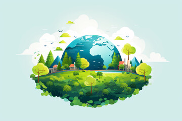 World environment day. Green eco earth background withwith trees and earth globe illustration. Generative ai