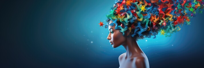 Black person with thoughts celebrated in stars and rainbow colors, freedom of thoughts day celebration - obrazy, fototapety, plakaty