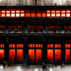 Traditional Chinese architecture huge building night monochromatic black and bluegray and red lighting lamps goldfish market plumbing industrial area modest steam 
