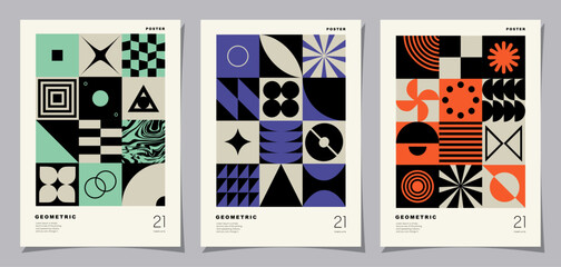 Set of geometric pattern background. Creative covers or posters concept in modern bauhaus style for corporate identity, branding and social media advertising.