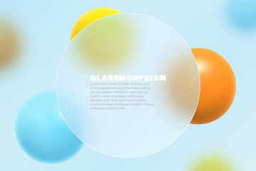 Round banner with glass overlay effect with 3D balls in glass morphism style.