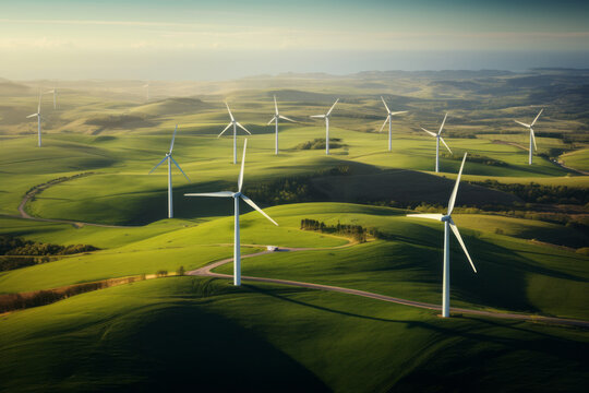AI generative image of high angle view to the wind turbines farm in the meadow