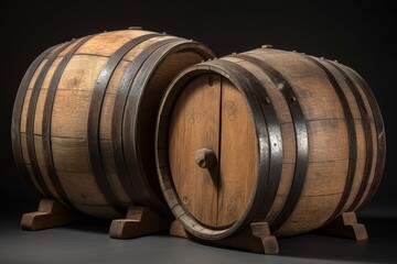 Pair of casks on blank backdrop. Generative AI