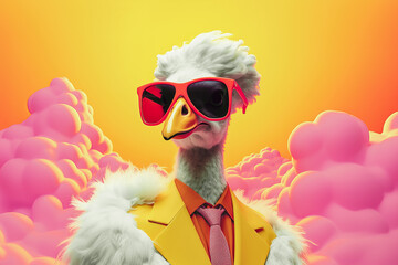 Generative AI illustration of stylish white cat in trendy sunglasses and outfit looking at camera against two colored background