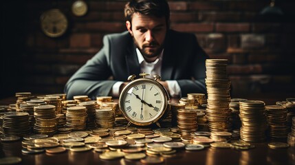 Clock and pile of money on wooden table with overworked businessman The concept of overtime and life balance - obrazy, fototapety, plakaty