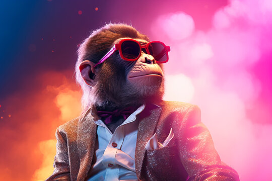 Generative AI illustration of stylish monkey in trendy sunglasses and outfit looking away against colored background