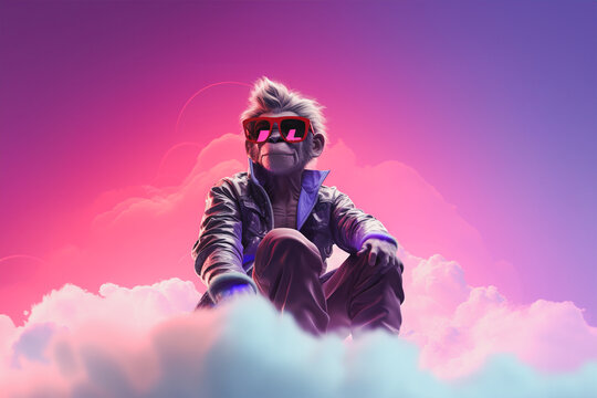 Generative AI illustration of stylish monkey in trendy sunglasses sitting and outfit looking away against colored background