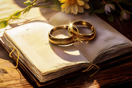 Generative AI illustration of closeup of golden wedding rings placed on top an open book on blurred background