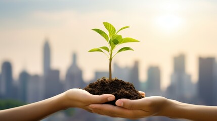 Conceptual image of a person's hand holding a small sapling.