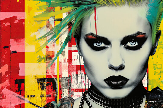 Generative AI illustration of abstract contemporary art paper collage of punk female looking at camera against multicolored background