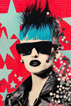 Generative AI illustration of abstract contemporary art paper collage of punk female looking at camera and wearing eyeglasses against multicolored background