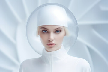 Portrait of a woman with transparent glass helmet on her head on white background. Futuristic technology concept. AI Generated