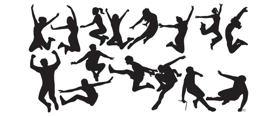set of silhouettes of man and woman jumping. isolated on a transparent background. eps 10