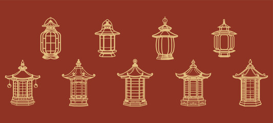 set of line art of ancient chinese pagoda lantern. isolated on a background. eps 10