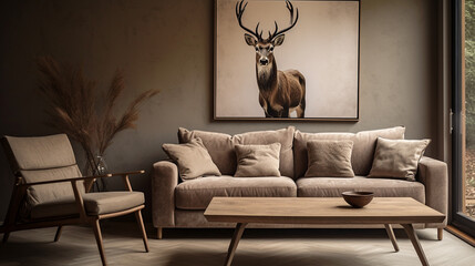 Modern living room interior with warm and earthy colors, cozy sofa, armchair and deer picture, beautiful nature-inspired home design, minimalism