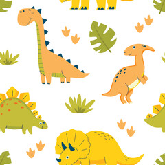 Children seamless pattern with Dino for fabrics, clothing, holidays, packaging paper, decoration. Vector illustration.