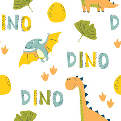 Obraz premium Children seamless pattern with Dino for fabrics, clothing, holidays, packaging paper, decoration. Vector illustration.