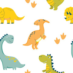 Children seamless pattern with Dino for fabrics, clothing, holidays, packaging paper, decoration. Vector illustration.