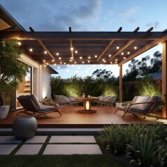 Teak wooden deck with decor furniture and ambient lighting. Side view of garden pergola with gas grill at twilight