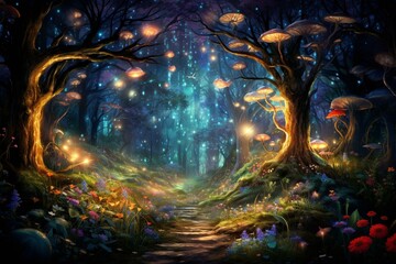 Enchanted woodland with luminous trees and distant lights. Generative AI