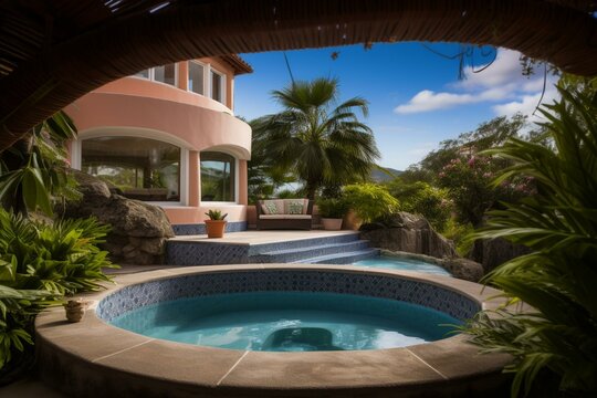 Relaxation in luxurious villa with swimming pool and spa. Generative AI