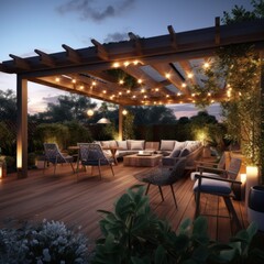 Teak wooden deck with decor furniture and ambient lighting. Side view of garden pergola with gas grill at twilight