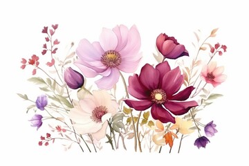 Flower backdrop, watercolor floral isolated on white for cards or invitations, botanical elements. Generative AI