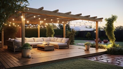 Teak wooden deck with decor furniture and ambient lighting. Side view of garden pergola with gas grill at twilight