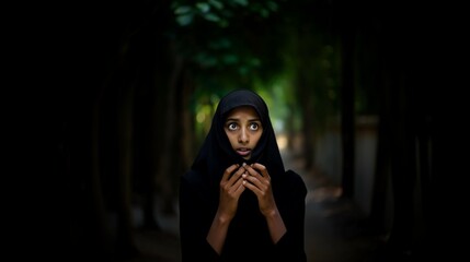 Fictitious scared young Muslim woman AI generative - obrazy, fototapety, plakaty