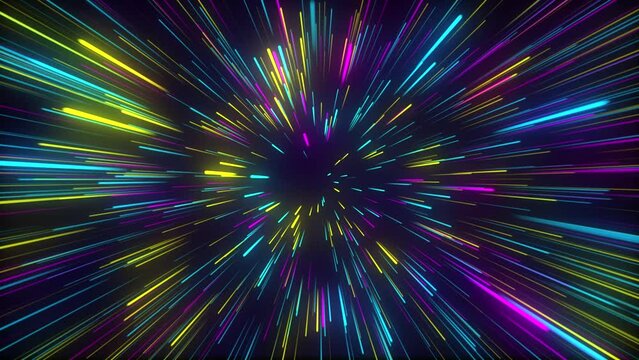 Lots of abstract High Speed Flying Lines, space background. Hyper jump into another galaxy, black space. 4k fast colorful lightspeed, neon glowing blue and green rays in motion. Bright glowing flying.