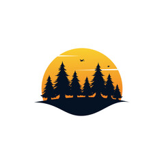 Pine tree logo with sunset vector emblem illustration design