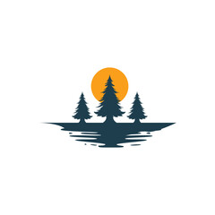 Pine tree logo with sunset vector emblem illustration design