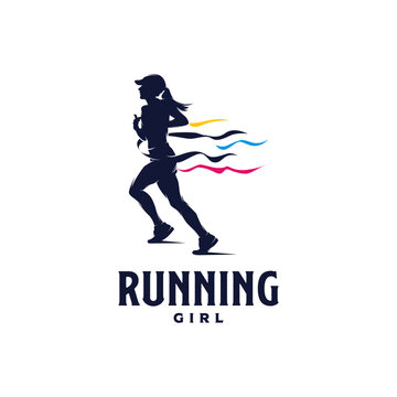 Silhouette running girl logo design template