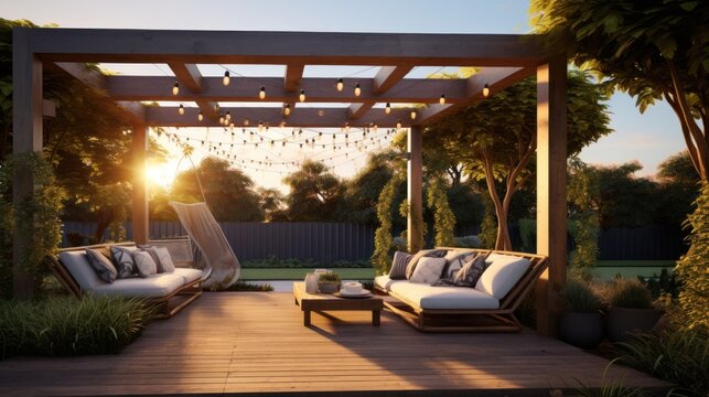 Teak wooden deck with decor furniture and ambient lighting. Side view of garden pergola with gas grill at twilight