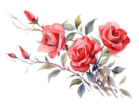 Red Rose branches watercolor isolated, generative AI