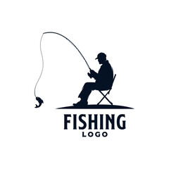 Fisherman sitting on chair holding fishing rod silhouette logo