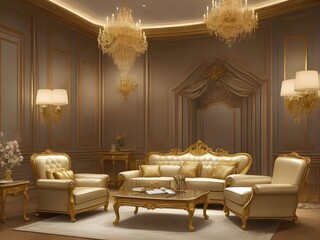 Fototapeta premium Design furniture with golden elements in luxury room interior design