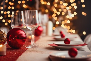 Table decorated for Christmas eve dinner with red ornaments - obrazy, fototapety, plakaty