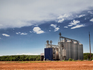 Fototapeta na wymiar Modern silo or elevator for grain collection and storage by a wheat field. Agriculture industry and food supply chain, Warm sunny day. Cloudy sky.