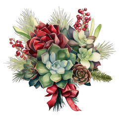 Christmas holiday succulent cactus arrangement. Watercolor illustration, isolated on transparent background