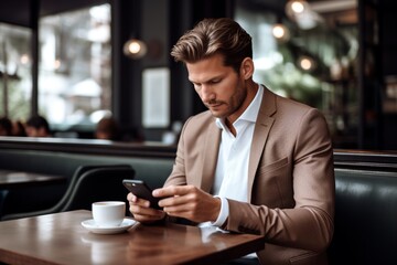 Smiley man holding a smart phone with coffee in a pub