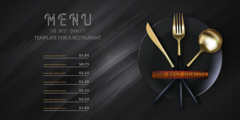 Realistic 3D golden fork and spoon on a black grunge background. Fashionable modern poster for a restaurant. Top view vector illustration.