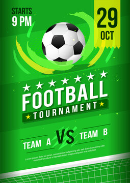 Football tournament poster vector illustration. Ball in football pitch.