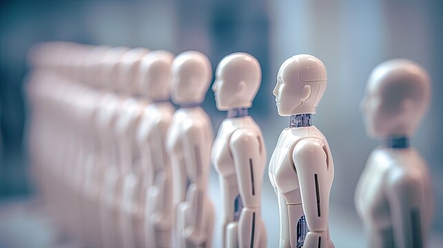 A large warehouse stock of robots in production with a selective focus on one cyborg. Robotic army of the future. Artificial intelligence. Science fiction. Illustration in technological style.