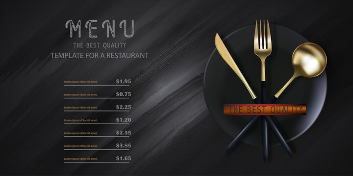 Realistic 3D golden fork and spoon on a black grunge background. Fashionable modern poster for a restaurant. Top view vector illustration.