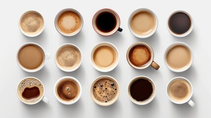 Set of many different coffee drinks in mugs.