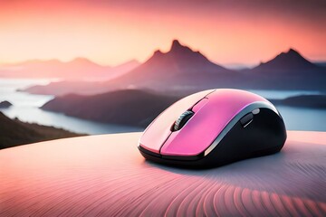 pink computer mouse on the sunset - obrazy, fototapety, plakaty