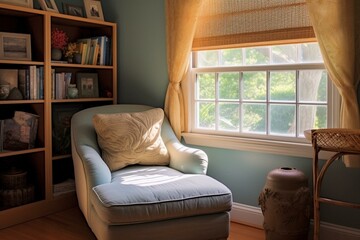 Comfortable lounge area with chair and shelf by window, framed artwork. Generative AI